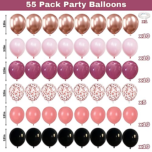 Pink and Black Balloons, 55PCS Rose Gold Hot Pink Black Party Balloons Set Metallic Rosegold Confetti Helium Balloons Dusty Rose Pink Black Latex Balloon for Girl Birthday Princess Wedding Decorations