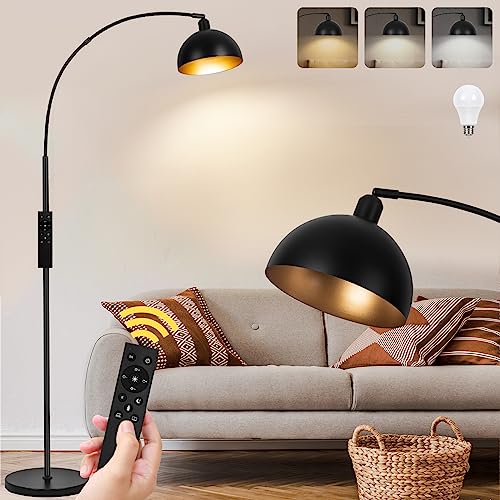 【Upgraded】Black Arc Floor Lamps for Living Room - Dimmable Arched Floor Lamp with Remote Control & 2700-6000K 9W LED Bulb Included, Modern Arch Standing lamp, Industrial Tall Lamp for Bedroom Reading