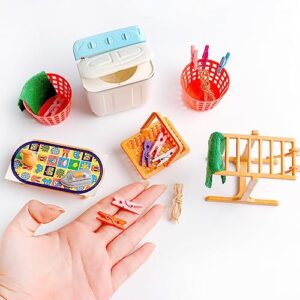 23 Pcs Miniature Laundry Room Furniture Accessories, Mini Washing Machine Drying Rack Iron and Ironing Table Storage Basket Towel Clothes Pins Clips for Mini House Laundry Life Scene Decor