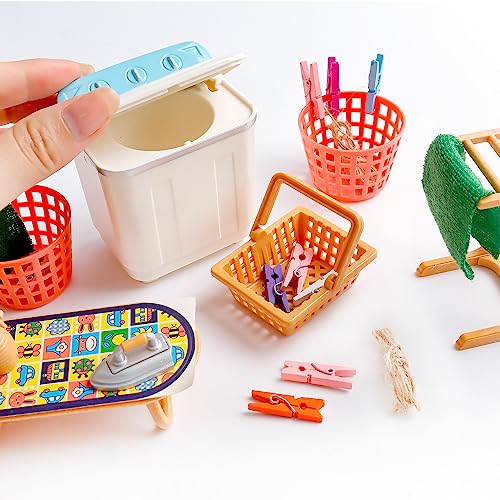 23 Pcs Miniature Laundry Room Furniture Accessories, Mini Washing Machine Drying Rack Iron and Ironing Table Storage Basket Towel Clothes Pins Clips for Mini House Laundry Life Scene Decor