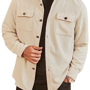 JMIERR Mens Corduroy Casual Button Down Shirts Long Sleeve Jackets Slim Fit Jacket with Flap Pockets, US 43(L), A Apricot