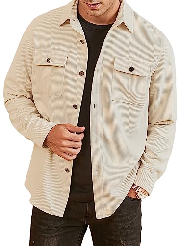 JMIERR Mens Corduroy Casual Button Down Shirts Long Sleeve Jackets Slim Fit Jacket with Flap Pockets, US 43(L), A Apricot