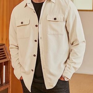 JMIERR Mens Corduroy Casual Button Down Shirts Long Sleeve Jackets Slim Fit Jacket with Flap Pockets, US 43(L), A Apricot