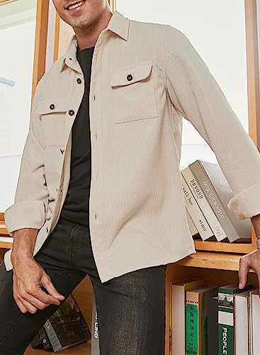 JMIERR Mens Corduroy Casual Button Down Shirts Long Sleeve Jackets Slim Fit Jacket with Flap Pockets, US 43(L), A Apricot