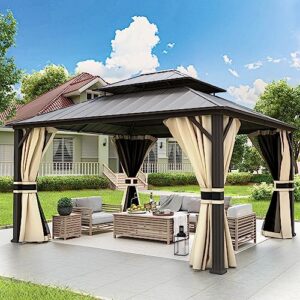 VONZOY 12' x 14' Hardtop Gazebo, Heavy Duty Double Roof Galvanized Steel Outdoor Metal Gazebo with Nettings & Curtains, Aluminum Gazebo with Vertical Stripes Roof for Patio, Backyard, Lawns [Beige]