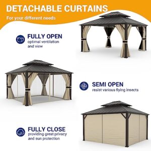 VONZOY 12' x 14' Hardtop Gazebo, Heavy Duty Double Roof Galvanized Steel Outdoor Metal Gazebo with Nettings & Curtains, Aluminum Gazebo with Vertical Stripes Roof for Patio, Backyard, Lawns [Beige]