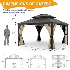 VONZOY 12' x 14' Hardtop Gazebo, Heavy Duty Double Roof Galvanized Steel Outdoor Metal Gazebo with Nettings & Curtains, Aluminum Gazebo with Vertical Stripes Roof for Patio, Backyard, Lawns [Beige]