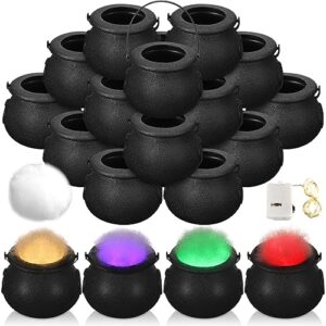 Jenaai 20 Set Halloween Witch Cauldron Glowing Set Include Black Mini Witch Cauldron with Handle LED Color Changing Fairy Lights White Polyester Fiber for Holidays Outdoor Decoration Party