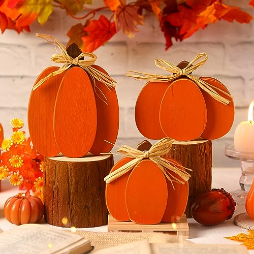 Tradder 3 Pcs Thanksgiving Pumpkin Decor Fall Table Wooden Sign Autumn Pumpkin Decoration Rustic Tiered Tray Decorations Pumpkin Block Table Centerpieces for Harvest Home (Orange)