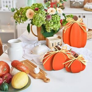 Tradder 3 Pcs Thanksgiving Pumpkin Decor Fall Table Wooden Sign Autumn Pumpkin Decoration Rustic Tiered Tray Decorations Pumpkin Block Table Centerpieces for Harvest Home (Orange)