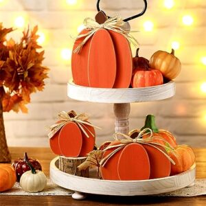 Tradder 3 Pcs Thanksgiving Pumpkin Decor Fall Table Wooden Sign Autumn Pumpkin Decoration Rustic Tiered Tray Decorations Pumpkin Block Table Centerpieces for Harvest Home (Orange)