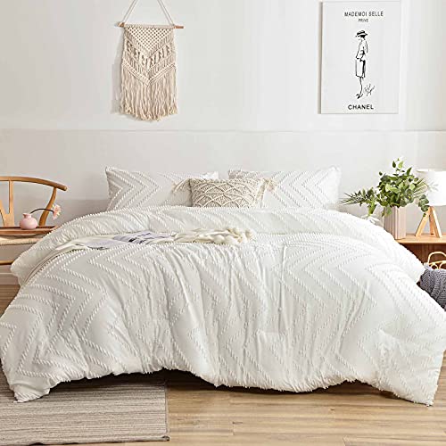 Nanko Twin Size Comforter Set White Tufted Jacquard Boho Soft Shabby Chic Reversible Down Alternative Microfiber Bedding - All Season Duvet and 1 Pillowcases Farmhouse Bed Sets Women Men 68 x 90 2pc