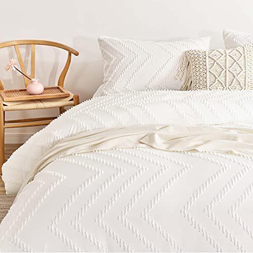 Nanko Twin Size Comforter Set White Tufted Jacquard Boho Soft Shabby Chic Reversible Down Alternative Microfiber Bedding - All Season Duvet and 1 Pillowcases Farmhouse Bed Sets Women Men 68 x 90 2pc