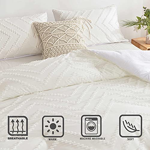 Nanko Twin Size Comforter Set White Tufted Jacquard Boho Soft Shabby Chic Reversible Down Alternative Microfiber Bedding - All Season Duvet and 1 Pillowcases Farmhouse Bed Sets Women Men 68 x 90 2pc