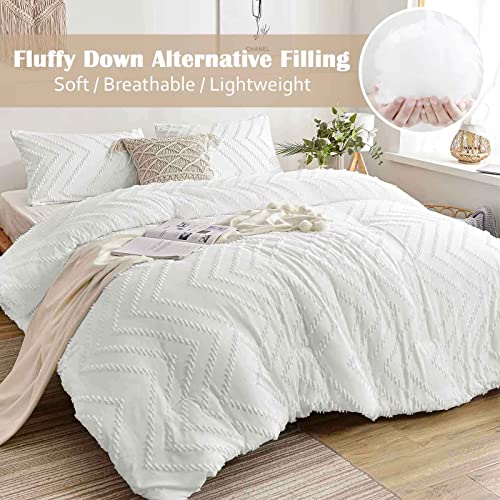 Nanko Twin Size Comforter Set White Tufted Jacquard Boho Soft Shabby Chic Reversible Down Alternative Microfiber Bedding - All Season Duvet and 1 Pillowcases Farmhouse Bed Sets Women Men 68 x 90 2pc