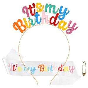 araluky happy birthday crowns for women it's my birthday alloy headband with its my birthday sash and tiara for women rainbow birthday headband tiaras for women girls parties favors gift (rainbow)