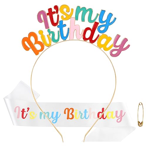 Araluky Happy Birthday Crowns for Women IT'S MY BIRTHDAY Alloy Headband with Its My Birthday Sash and Tiara for Women Rainbow Birthday Headband Tiaras for Women Girls Parties Favors Gift (Rainbow)