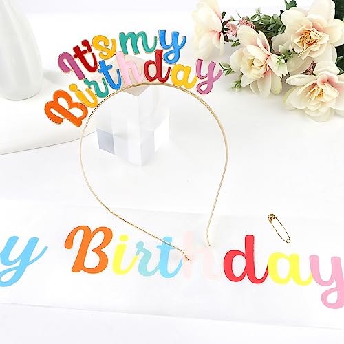 Araluky Happy Birthday Crowns for Women IT'S MY BIRTHDAY Alloy Headband with Its My Birthday Sash and Tiara for Women Rainbow Birthday Headband Tiaras for Women Girls Parties Favors Gift (Rainbow)