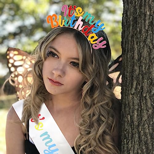 Araluky Happy Birthday Crowns for Women IT'S MY BIRTHDAY Alloy Headband with Its My Birthday Sash and Tiara for Women Rainbow Birthday Headband Tiaras for Women Girls Parties Favors Gift (Rainbow)