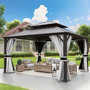 vonzoy 12' x 14' hardtop gazebo, heavy duty double roof galvanized steel outdoor metal gazebo with nettings & curtains, aluminum gazebo with vertical stripes roof for patio, backyard, lawns [grey]
