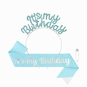 araluky blue happy birthday crowns for women it's my birthday alloy headband with its my birthday sash and tiara for women birthday headband tiaras for women girls parties favors costume birthday gift