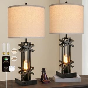 lediary 27" tall farmhouse table lamps with ac outlet and usb ports, rustic living room lamps set of 2, black industrial end table lamp for bedroom nightstand, 2 blubs included