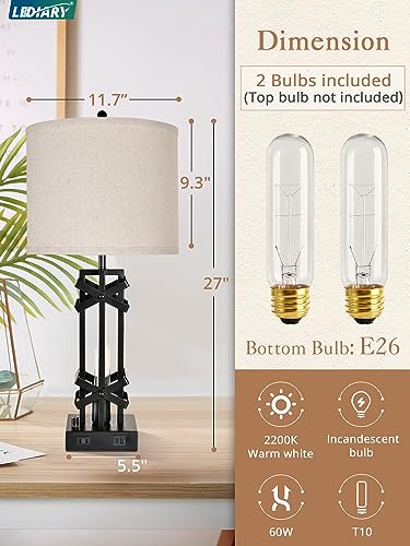 LEDIARY 27" Tall Farmhouse Table Lamps with AC Outlet and USB Ports, Rustic Living Room Lamps Set of 2, Black Industrial End Table Lamp for Bedroom Nightstand, 2 Blubs Included