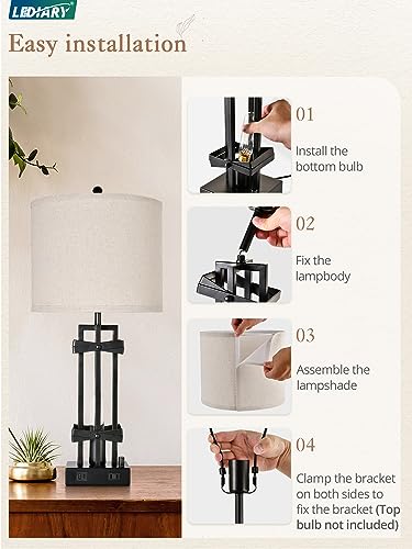 LEDIARY 27" Tall Farmhouse Table Lamps with AC Outlet and USB Ports, Rustic Living Room Lamps Set of 2, Black Industrial End Table Lamp for Bedroom Nightstand, 2 Blubs Included