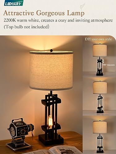 LEDIARY 27" Tall Farmhouse Table Lamps with AC Outlet and USB Ports, Rustic Living Room Lamps Set of 2, Black Industrial End Table Lamp for Bedroom Nightstand, 2 Blubs Included