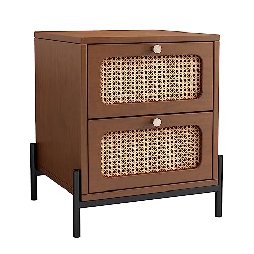 VKKILPEE Modern Cannage Rattan Wood Nightstand 2-Drawer Closet Sofa Side Table End Table for Bedroom, Living Room, Entryway, Hallway, 17''L x 17''W x 21.6''H, Solid Wood Storage Cabinet, Walnut