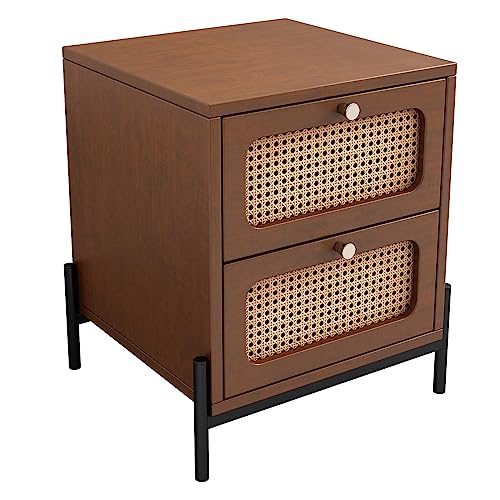 VKKILPEE Modern Cannage Rattan Wood Nightstand 2-Drawer Closet Sofa Side Table End Table for Bedroom, Living Room, Entryway, Hallway, 17''L x 17''W x 21.6''H, Solid Wood Storage Cabinet, Walnut