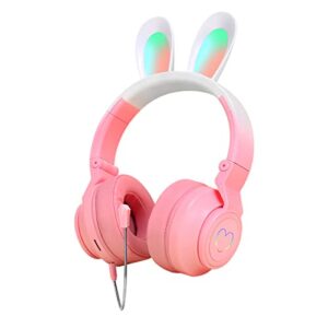 jinserta kids headphones with bunny ear led light up,noise cancelling adjustable microphone headset,wireless foldable over-ear headphones for kids gifts/school/kids tablet/travel (pink)