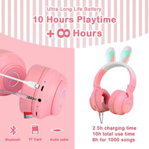 JINSERTA Kids Headphones with Bunny Ear LED Light Up,Noise Cancelling Adjustable Microphone Headset,Wireless Foldable Over-Ear Headphones for Kids Gifts/School/Kids Tablet/Travel (Pink)