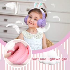 JINSERTA Kids Headphones with Bunny Ear LED Light Up,Noise Cancelling Adjustable Microphone Headset,Wireless Foldable Over-Ear Headphones for Kids Gifts/School/Kids Tablet/Travel (Pink)