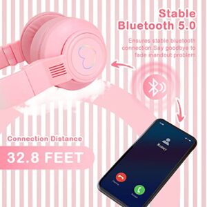 JINSERTA Kids Headphones with Bunny Ear LED Light Up,Noise Cancelling Adjustable Microphone Headset,Wireless Foldable Over-Ear Headphones for Kids Gifts/School/Kids Tablet/Travel (Pink)