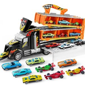 joyin carrier truck toys for kids, 12 die-cast metal toy cars with 2 launchers, foldable toy car track with lights & sounds for boys, racing car for kids ages 3-5