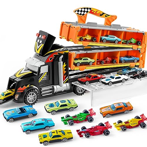 JOYIN Carrier Truck Toys for Kids, 12 Die-Cast Metal Toy Cars with 2 Launchers, Foldable Toy Car Track with Lights & Sounds for Boys, Racing Car for Kids Ages 3-5