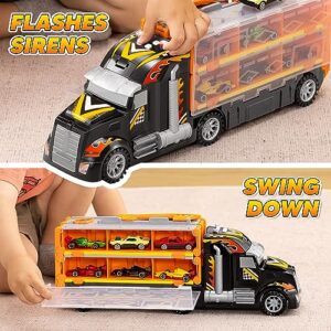 JOYIN Carrier Truck Toys for Kids, 12 Die-Cast Metal Toy Cars with 2 Launchers, Foldable Toy Car Track with Lights & Sounds for Boys, Racing Car for Kids Ages 3-5