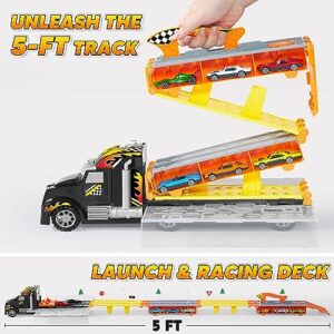 JOYIN Carrier Truck Toys for Kids, 12 Die-Cast Metal Toy Cars with 2 Launchers, Foldable Toy Car Track with Lights & Sounds for Boys, Racing Car for Kids Ages 3-5