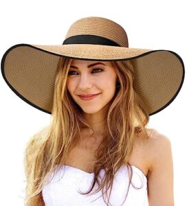 womens sun hat uv protection wide brim beach hat floppy foldable roll-up straw hats for women upf 50, e khaki&black