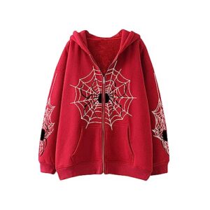 amiblvowa women men hip-hop zip up hoodie y2k vintage grunge jacket spider graphic oversized sweatshirt coat 2023 harajuku clothes (c-red, s)