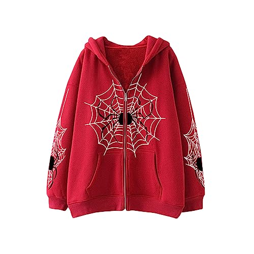 Amiblvowa Women Men Hip-hop Zip Up Hoodie Y2K Vintage Grunge Jacket Spider Graphic Oversized Sweatshirt Coat 2023 Harajuku Clothes (C-Red, S)