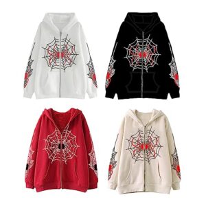 Amiblvowa Women Men Hip-hop Zip Up Hoodie Y2K Vintage Grunge Jacket Spider Graphic Oversized Sweatshirt Coat 2023 Harajuku Clothes (C-Red, S)