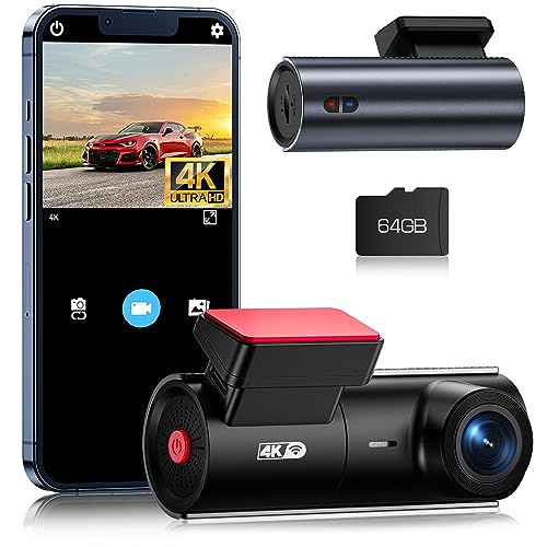 Dash Cam 4K WiFi 2160P Car Camera, Dash Camera for Cars, Mini Front Dashcam for Cars with Night Vision, Loop Recording, G-Sensor,24H Parking Monitor,Supercapacitor,Voice Prompt,APP,64GB Card Included