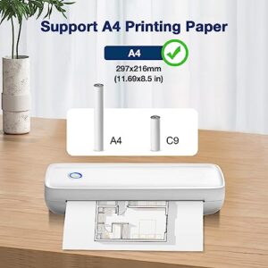 Portable Printers Wireless for Travel, Inkless Thermal Printer Supports A4 Paper (8.3"*11.7") for Mobile Monochrome Prints, Bluetooth Smart Printer Compatible with Android iOS Phones & Laptops