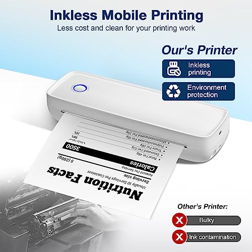 Portable Printers Wireless for Travel, Inkless Thermal Printer Supports A4 Paper (8.3"*11.7") for Mobile Monochrome Prints, Bluetooth Smart Printer Compatible with Android iOS Phones & Laptops