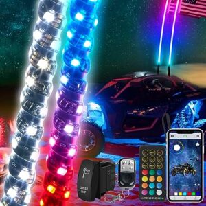 suzco 2pcs 2ft heavy-duty led chasings spiral whip lights with ir&rf&app, pure white 6000k 138leds dancing whip light with turn/brake/warning/reverse signal fit for atv utv rzr off-road truck can-am