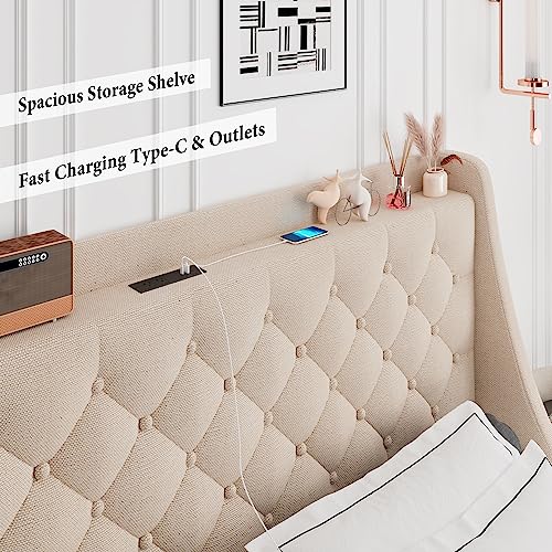 iPormis King Bed Frame with 4 Storage Drawers, Upholstered Platform Bed Frame with Type-C & USB Ports, Wingback Storage Headboard, Solid Wood Slats, No Box Spring Needed, Beige