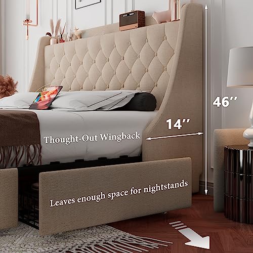 iPormis King Bed Frame with 4 Storage Drawers, Upholstered Platform Bed Frame with Type-C & USB Ports, Wingback Storage Headboard, Solid Wood Slats, No Box Spring Needed, Beige