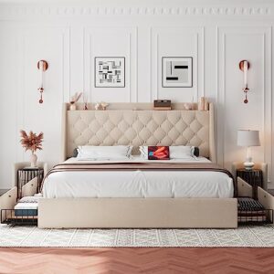 iPormis King Bed Frame with 4 Storage Drawers, Upholstered Platform Bed Frame with Type-C & USB Ports, Wingback Storage Headboard, Solid Wood Slats, No Box Spring Needed, Beige